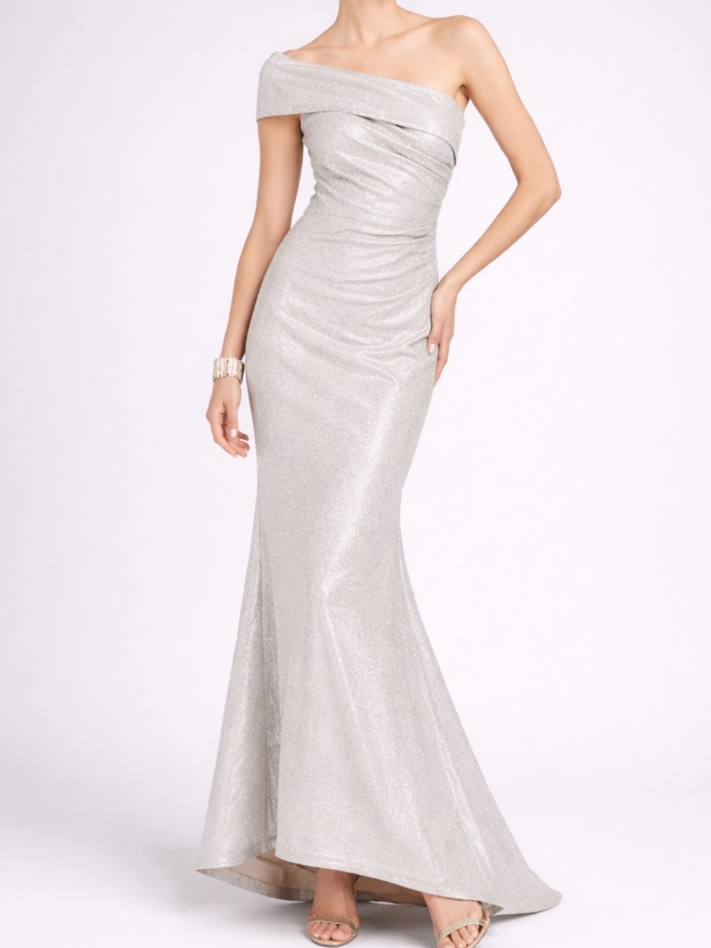 🆕 Eliza J Silver Metallic One Shoulder Gown Size 8 Dress Maxi Wedding Guest Prom